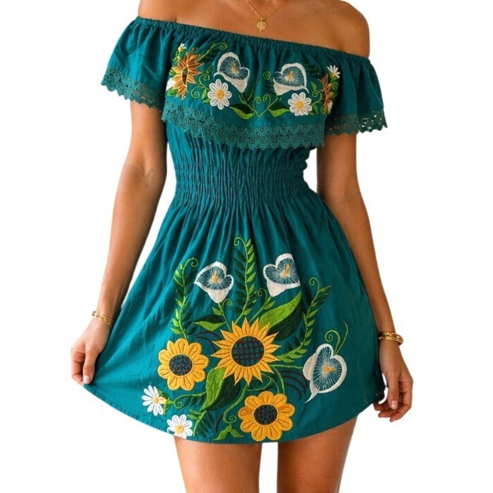 Mexican Floral Embroidered Teal Girls Dress‎ Lace Edged Ruched Waist Size 6